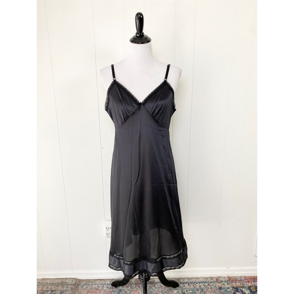 Vintage Sears Black Lace Trim Full Slip Antron III Nylon Size 38/M  Made in USA